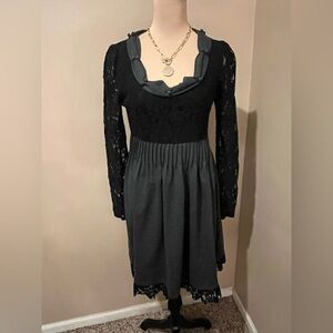 Anthropologie Ryu Black Lace & Charcoal pleated waist mini Dress, size Large